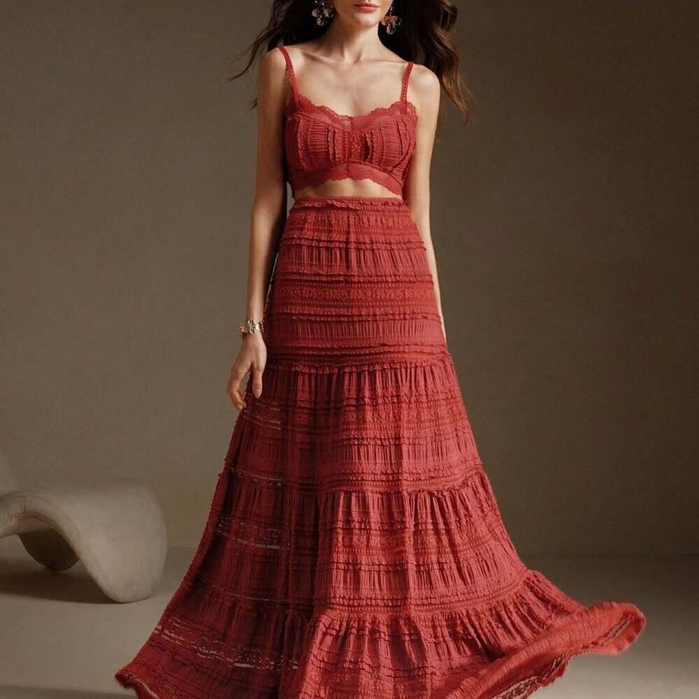 Red Elegant Women's Lace Camisole And Extra Long Skirt set - Picture 5 of 7
